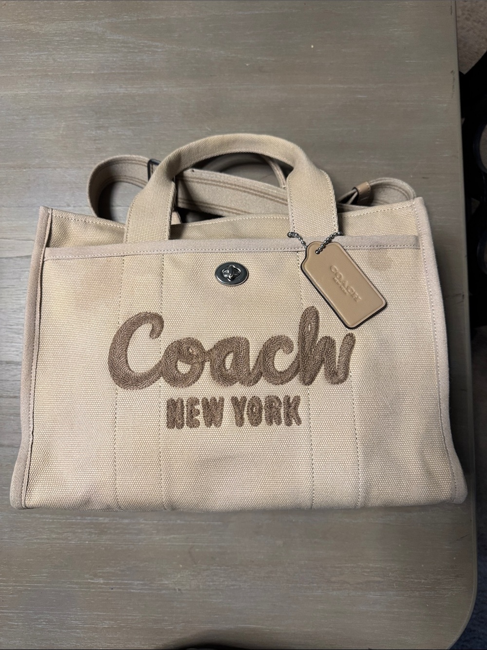 Coach Canvas Tote in Light Beige with Brown Logo